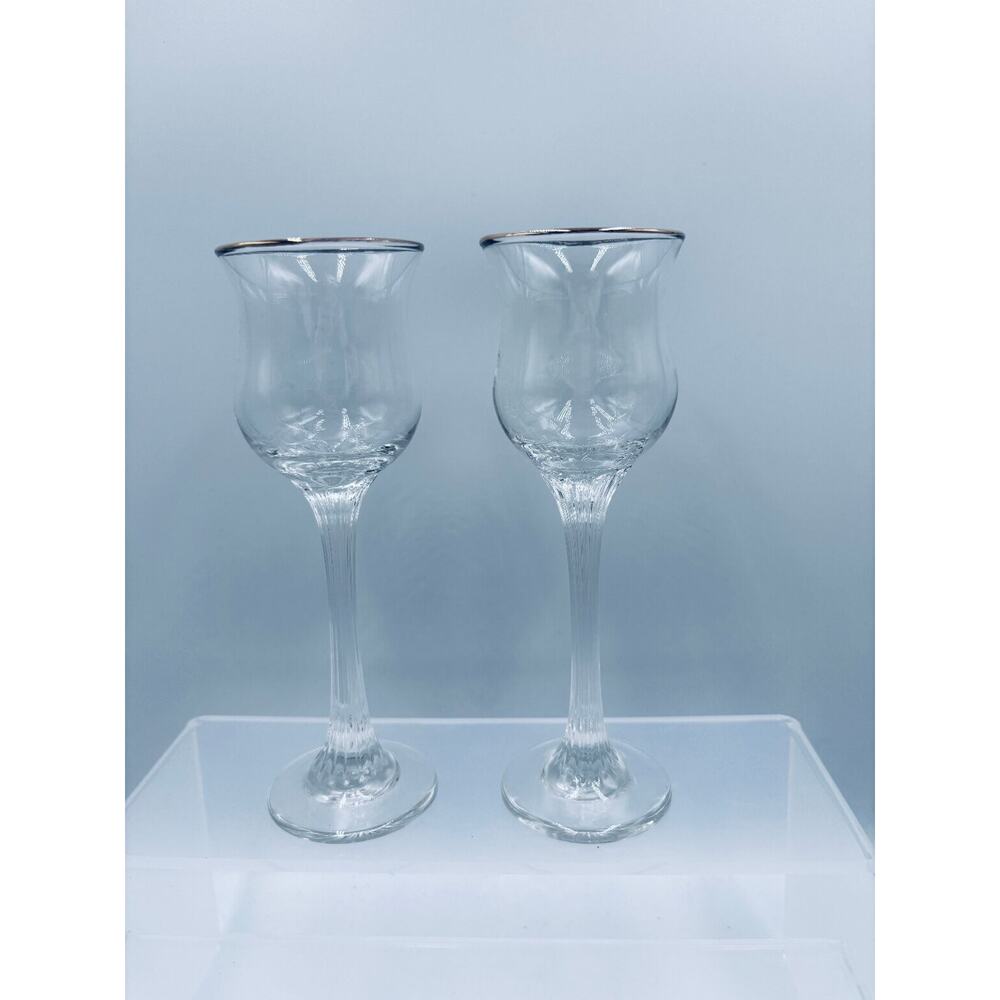Clear Glass Cordial Liqueur Glasses Fluted Stem Gold Rim (Set of 2)